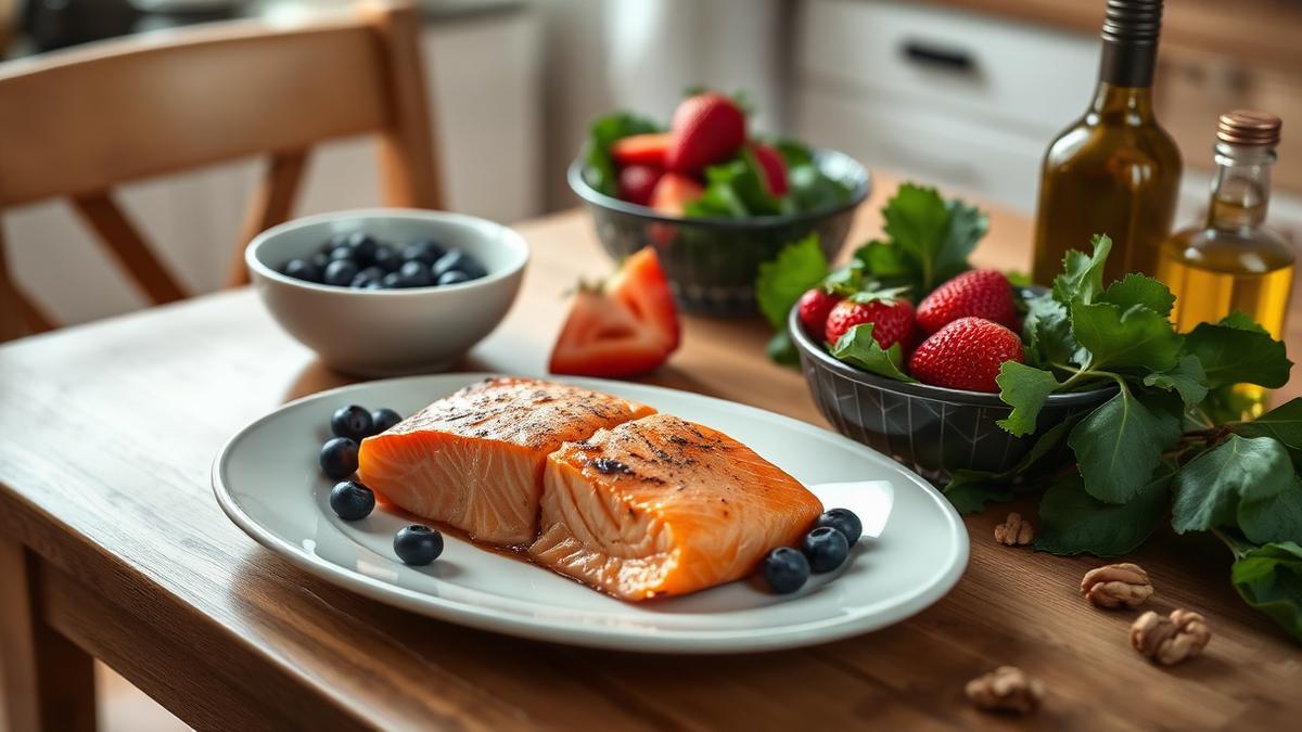 A kitchen table with grilled salmon, blueberries, strawberries, leafy greens, walnuts and olive oil.