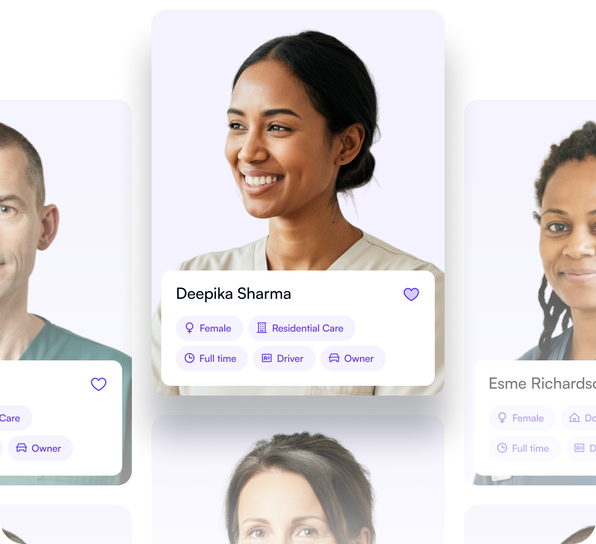 Lifted talent pool showing pre-vetted carer profiles with skills and availability tags, giving access to over 100,000 ready-to-work carers