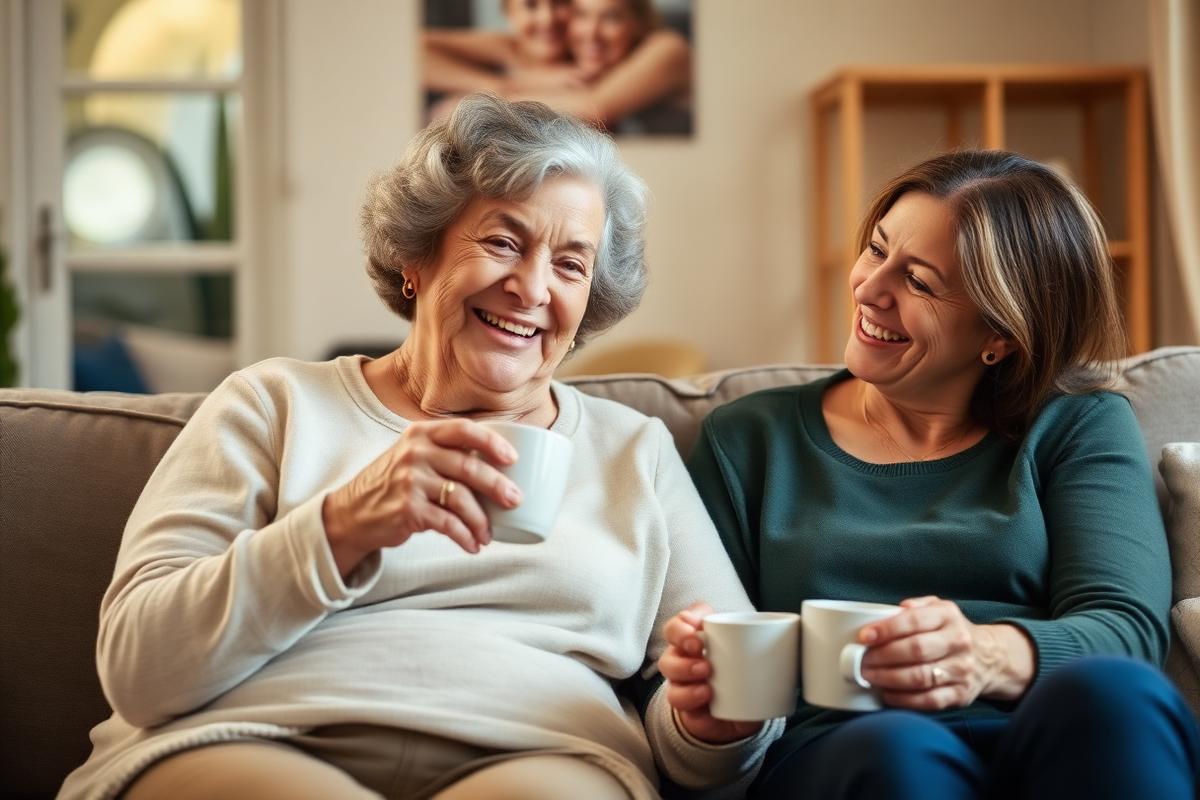 An older woman with dementia and her daughter sitting together on a sofa with mugs of tea