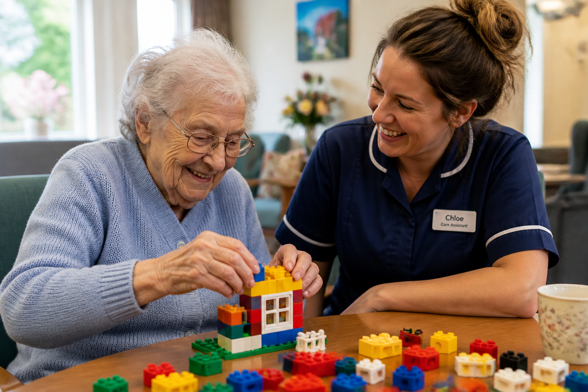 A care worker helps an older man tend to potted plants outdoors.
